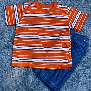 Orange, white and blue striped t-shirt